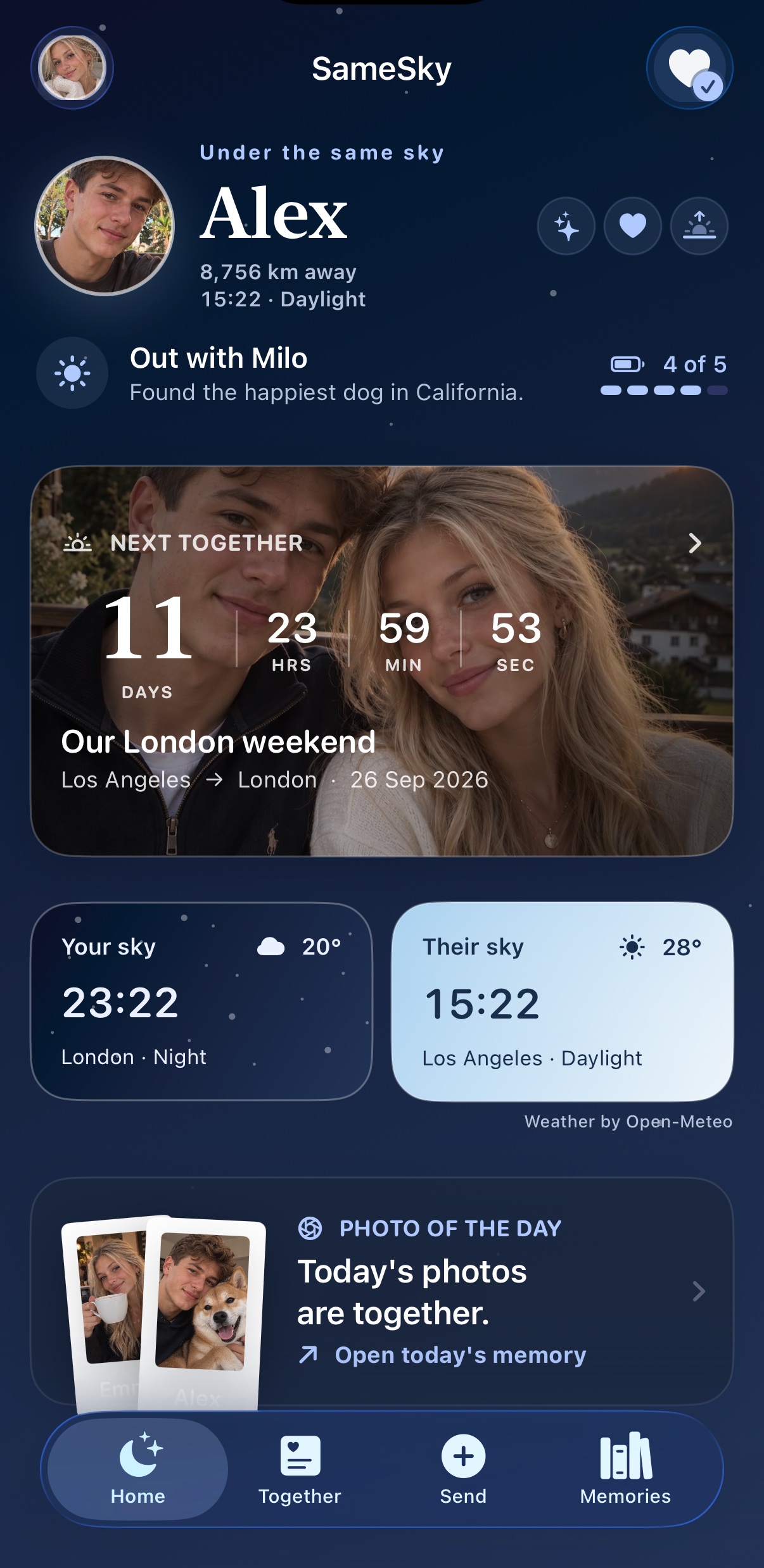 A populated SameSky Home screen showing a partner portrait, countdown, two local skies, and Share daily photos